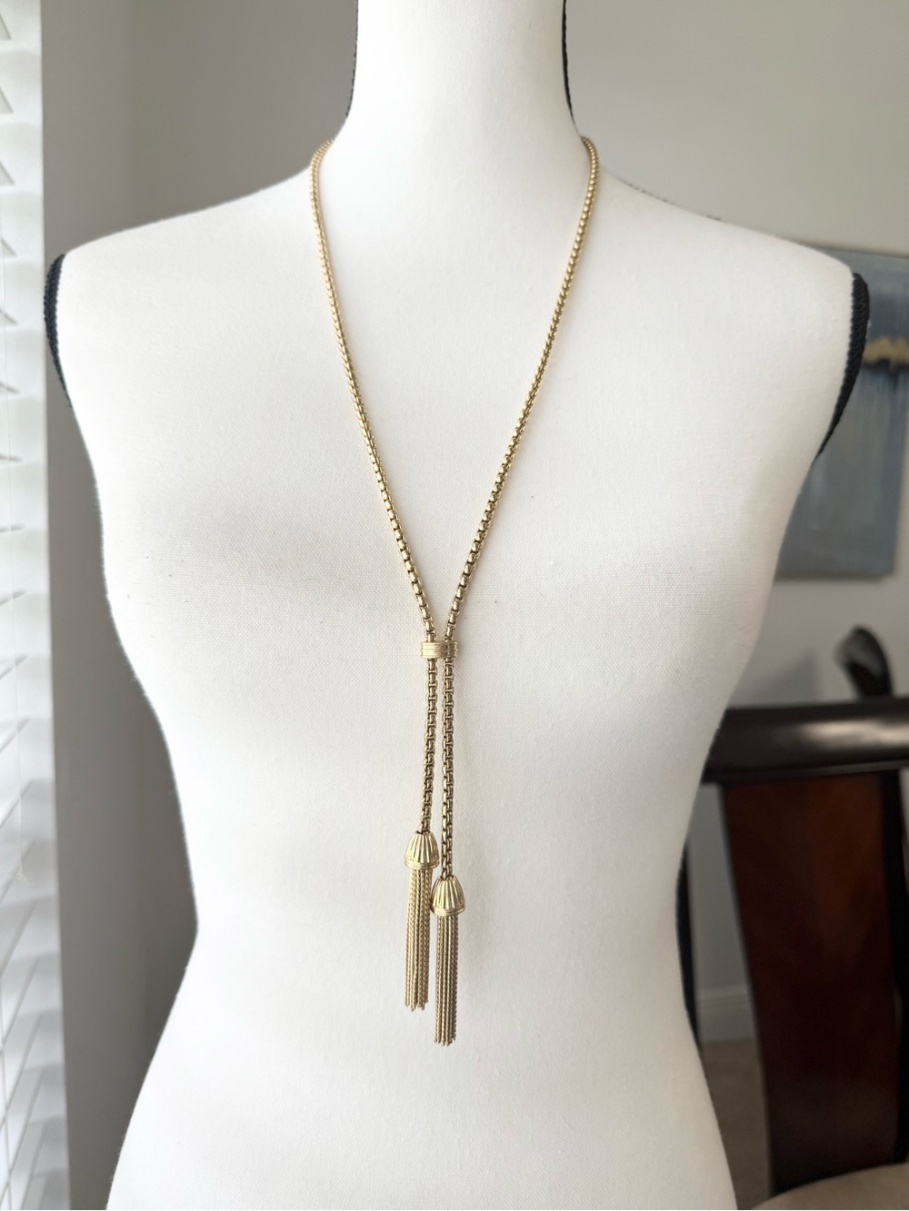 Vintage J.Crew Gold-tone Lariat Box Chain Double Tassel Long Necklace